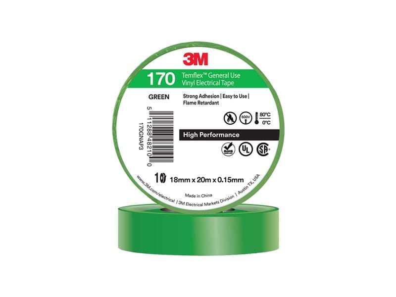 3M 3M011 Temflex 170 Green Vinyl Electrical Tape General Purpose 18mm x 20M