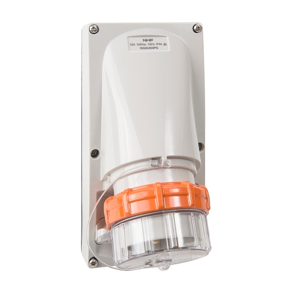 Iso APPLIANCE INLET 4 ROUND PINS 50A 500V AC GREY LESS BACK BOX