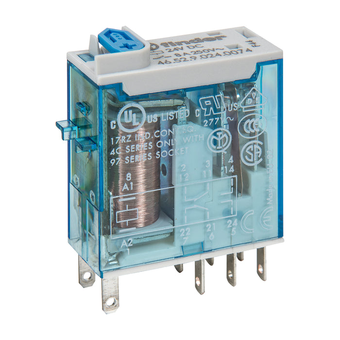 Finder Miniature Industrial Relay 8A 2C/O 24VDC Coil W/PB+LED+MI
