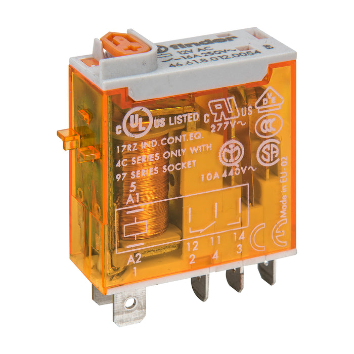 Finder Miniature Industrial Relay 16A 1C/O 12VAC Coil W/PB+LED+MI