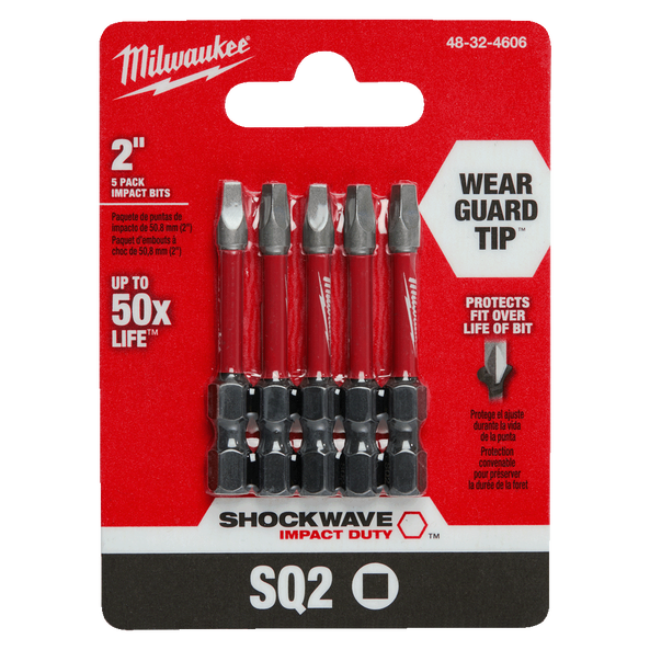 Milwaukee Screwdriver Bit Square SQ2 50mm 1/4" Hex 5-Pack