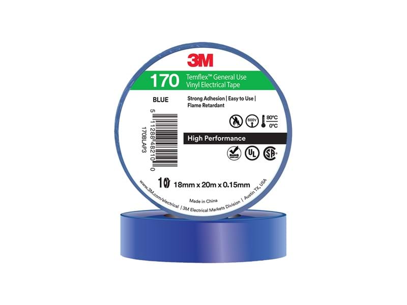 3M 3M010 Temflex 170 Blue Vinyl Electrical Tape General Purpose 18mm x 20M
