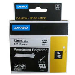 Dymo Rhino Permanent Polyester Black on White 9mm x 5.5m SD18482