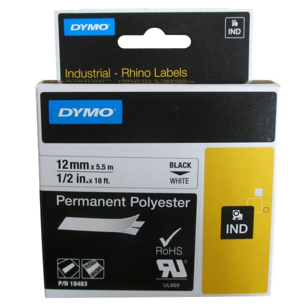 Dymo Rhino Permanent Polyester Black on White 12mm x 5.5m SD18483