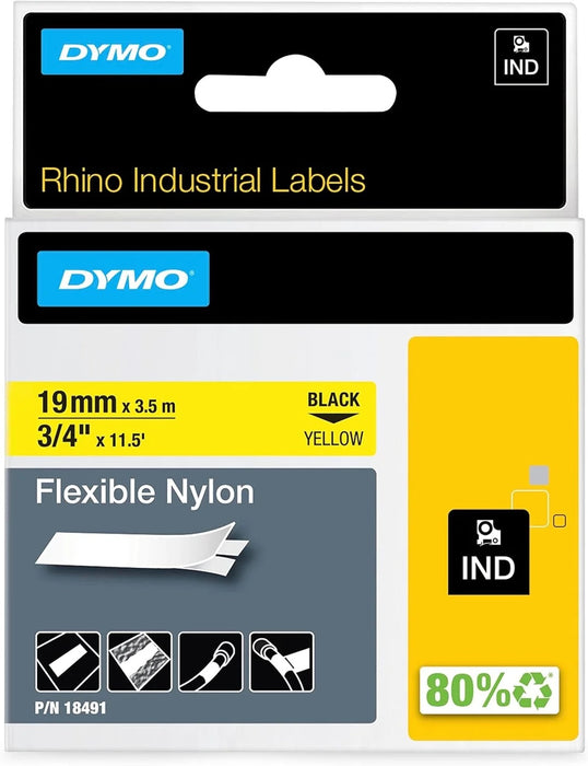Dymo Rhino Flexible Nylon Black on Yellow 12mm x 3.5m SD18490