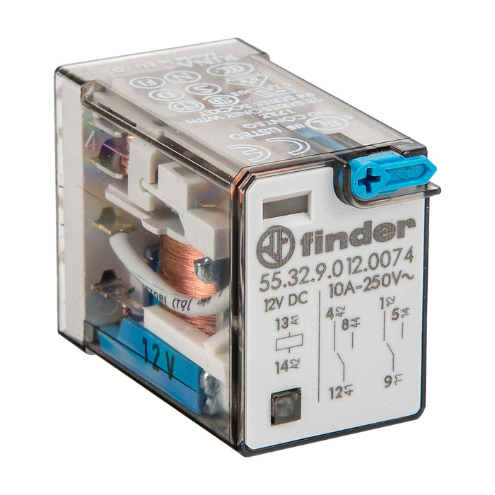 Finder Miniature GP Relay 10A 2C/O 12VDC Coil W/PB+LED+MI