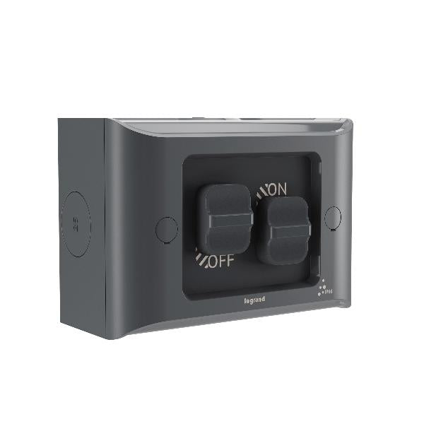 Legrand HPM AQUA LIFE 2 GANG SWITCH 16A IP66 SURFACE MOUNT CEMENT GREY