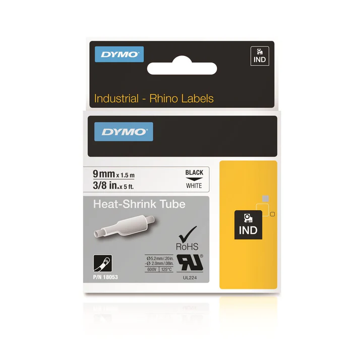 Dymo Rhino Heat Shrink Tube Black on White 9mm x 1.5m SD18053 Rep