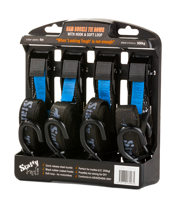 Staffy  Cam Buckle Tie Down (steel) 25mm x 4m with hook & soft loop. LC - 250kg, BS - 500kg - 5 per carton