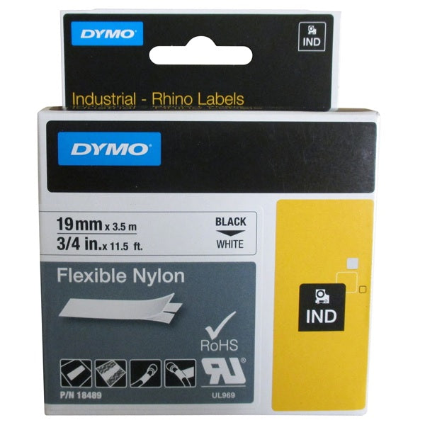 Dymo Rhino Flexible Nylon Black on White 19mm x 3.5m SD18489