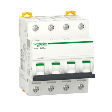 Schneider Miniature circuit-breaker, Acti9 iC60L, 4P, 20 A, B curve, 15000 A (IEC 60898-1), 25 kA (IEC 60947-2)