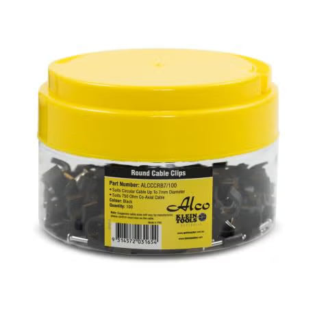 Klein Alco Cable Clip Round 7mm For Coax 100Pk Black