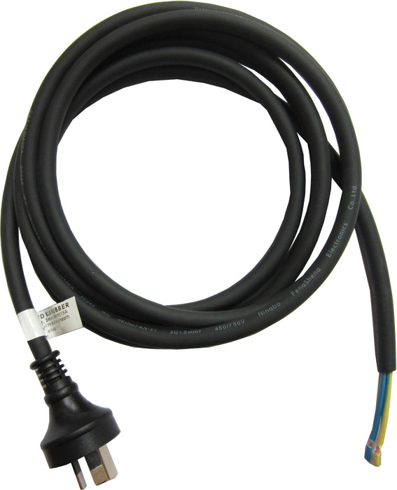 Altona Power Cord 3m 1.5mm 3core 10A Plug - Bare End Rubber Black