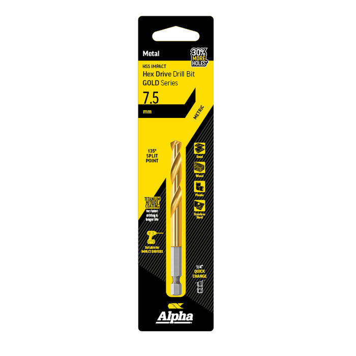 Alpha Gold Series HSS Impact Hex Drive Drill Bit 7.5mm