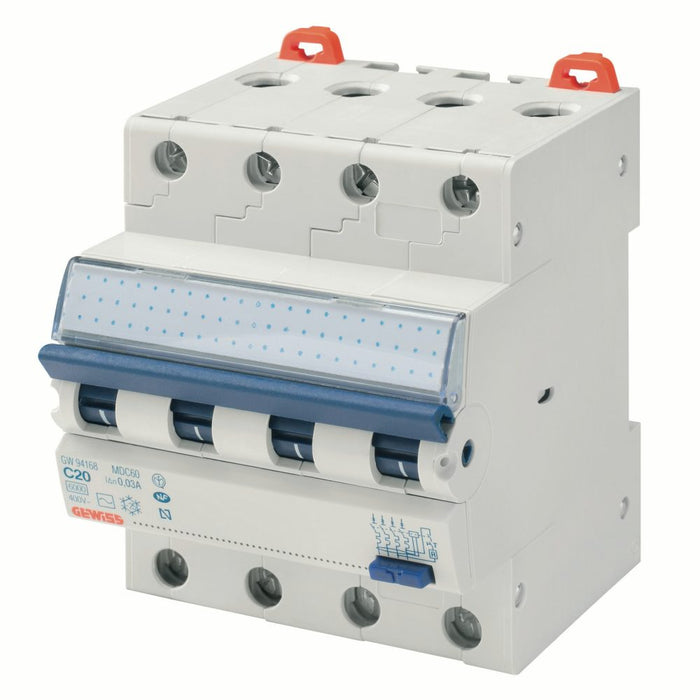 Gewiss MDC60 RCBO TYPE A 6kA C-CURVE 4P 400V 30mA 20A 4M