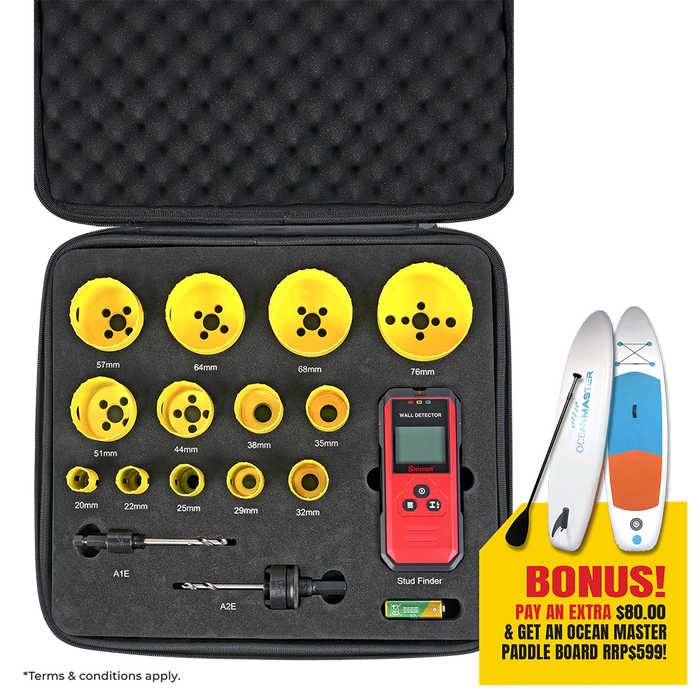 Starrett Deep Cut Hole Saw Set with Stud Finder PLUS Paddle Board