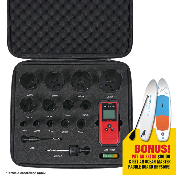 Starrett Multi Purpose MPH Carbide Tipped Hole Saw Set with Stud Finder PLUS Paddle Board