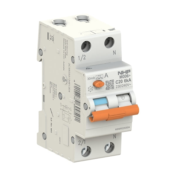 NHP MOD6+ RCBO 6kA 1P+N 25A C Curve 30mA TYPE A 36mm