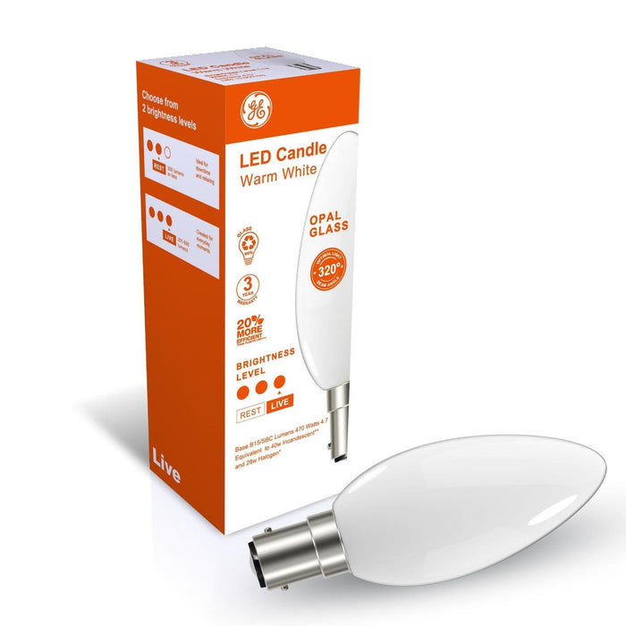 GE LED CANDLE OPAL 4.7W 470lm WW SBC