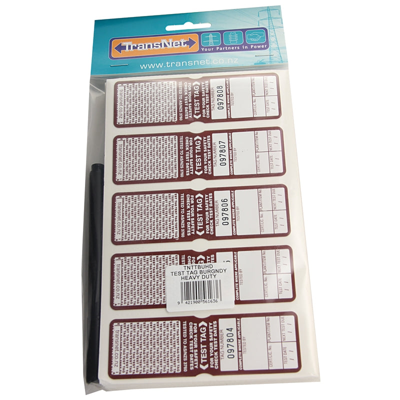 Transnet 100PKT TEST TAG BURGUNDY HEAVY DUTY — Scott Electrical