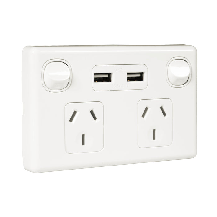 TRADESAVE Double 10A Horizontal Power 2x USB-A Bright White