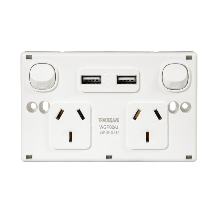 TRADESAVE Double 10A Horizontal Power 2x USB-A Bright White