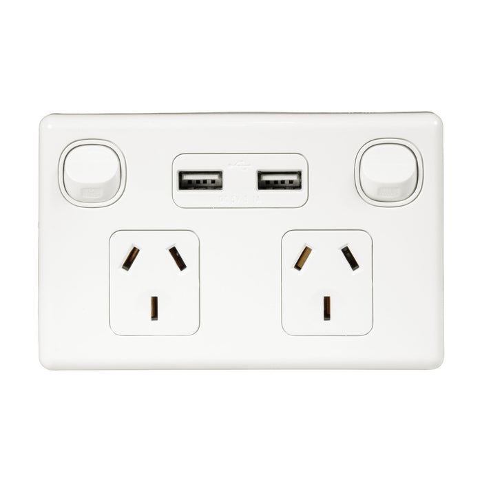 TRADESAVE Double 10A Horizontal Power 2x USB-A Bright White