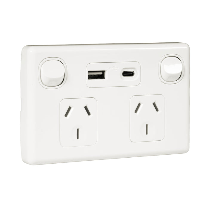 TRADESAVE Double 10A Horizontal Power 1x USB-A/C Bright White