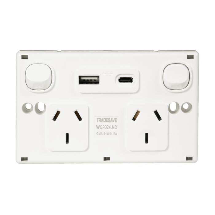 TRADESAVE Double 10A Horizontal Power 1x USB-A/C Bright White