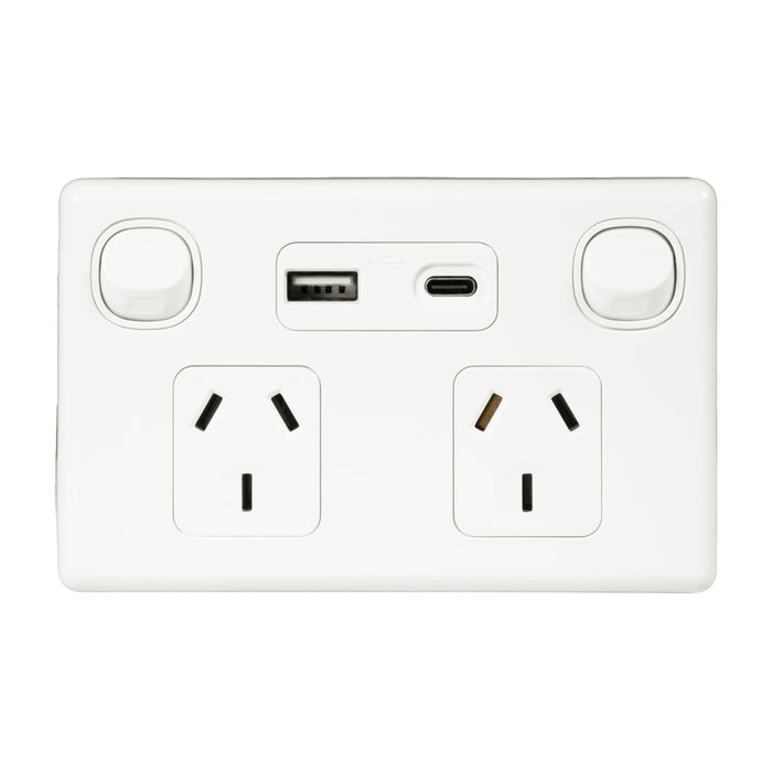 TRADESAVE Double 10A Horizontal Power 1x USB-A/C Bright White