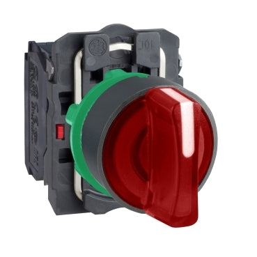 Schneider Harmony XB5, Illuminated selector switch, plastic, red, 22mm, 3 positions, stay put, 230-240 V AC, 1 NO + 1 NC