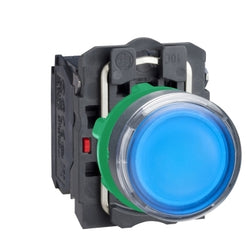 Schneider Harmony XB5, Illuminated push button, plastic, flush, blue, 22mm, spring return, 24 V AC/DC, 1 NO + 1 NC