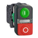 Schneider Harmony XB5, Illuminated double-headed push button, plastic, 22mm, 1 green flush I + 1 pilot light + 1 red projecting O, 240 V AC/DC, 1 NO + 1 NC