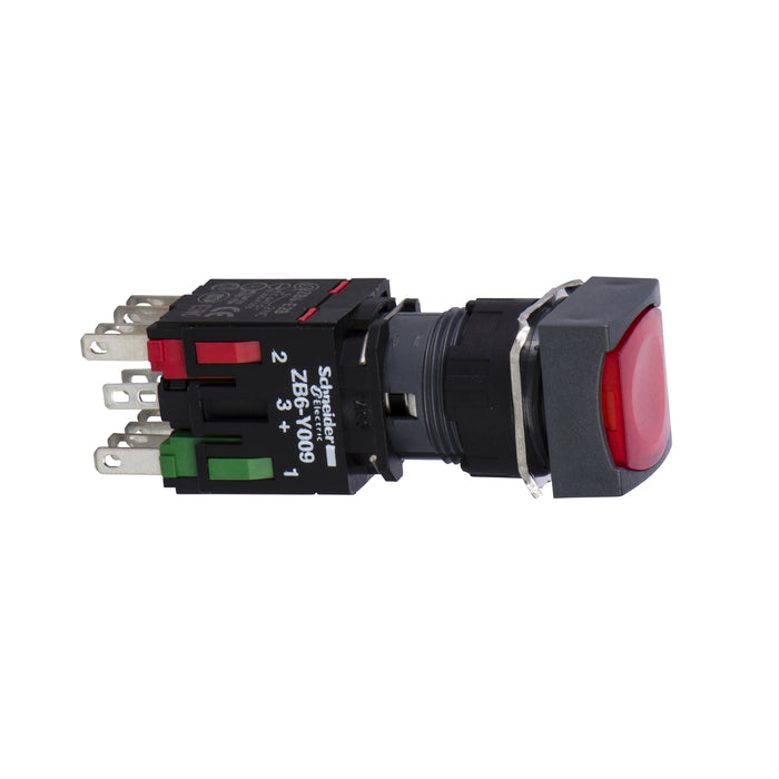 Schneider Complete illuminated push button, Harmony XB6, red square flush illum pushbutton 16mm spring return 1NC 12-24 V