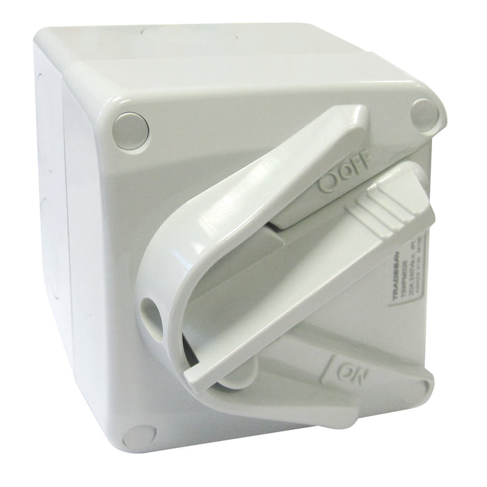 Tradesave  Weatherproof Mini Isolator 2 Pole 240V 20A. Grey Heavy Duty Industrial Grade Virgin Plastic. IP66 Rating. UV Stabilised. Surface Mount. Rated voltage: 250/440V AC.
