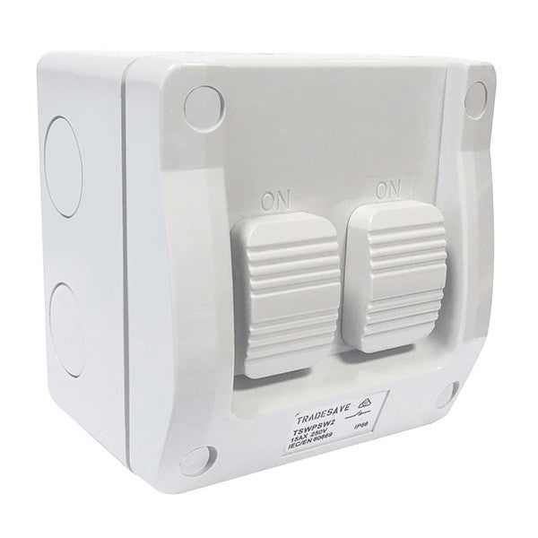 Tradesave  2 Gang Weatherproof Switch. 15A.IP66. Grey heavy duty industrial grade virgin plastic. UV stabilised. Surface Mounted.