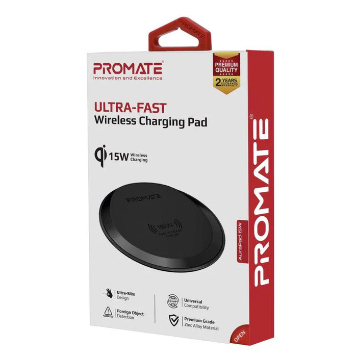 15W Ultra-Fast Wireless Super Slim Charging Pad with Anti-Scratch Surface. Over-heating Protection. Charging Distance 3-5mm. Non-Slip Rubberized Coating. Black Colour.
